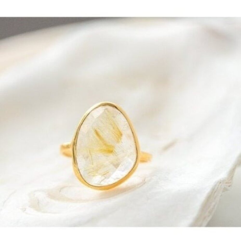 Statement Ring Gold Rutile Quartz Gold Vermeil Beautiful Faceted Rutile Quartz - Picture 6 of 15